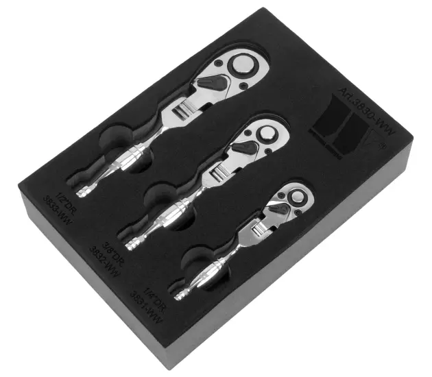 Ratchet Set; 3-Piece Stubby Flexi Head; 1/4'', 3/8'' & 1/2''dr