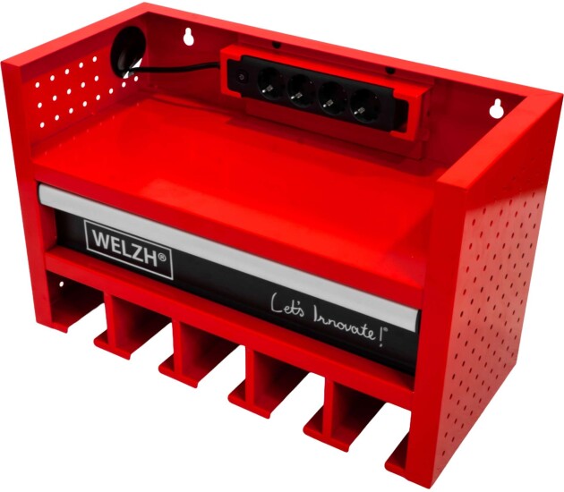 Wandgemonteerde accu- en gereedschapsopberger met stroomvoorziening