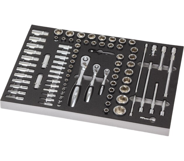 Gereedschapslade vullingsset ratels, doppen en verlengstukken 1/4'', 3/8'' en 1/2''