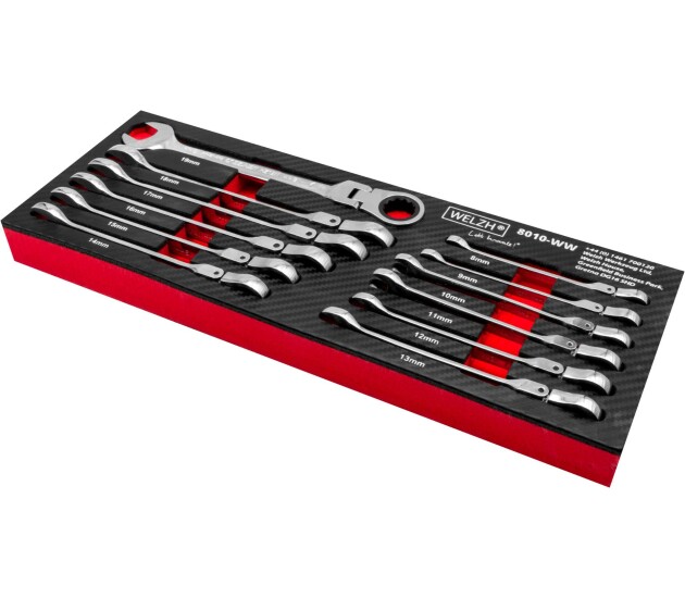 Ratelringsleutelset met scharnierende kop 8–19 mm 12-delig