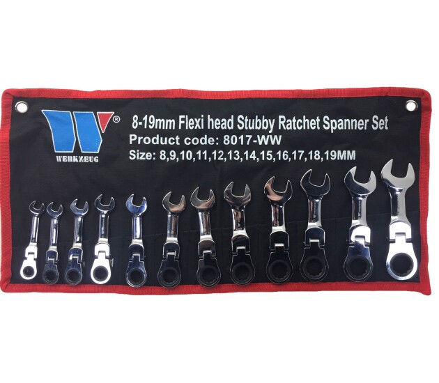 Ratelringsleutelset scharnierende kop kort 8–19 mm 12-delig